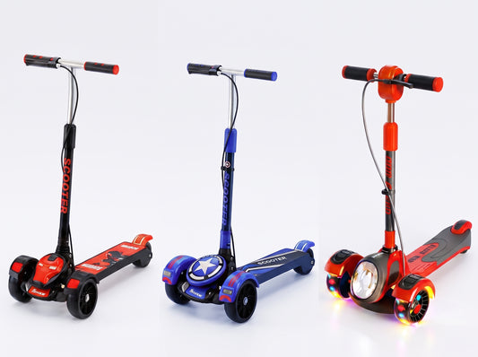 Three children's kick scooters with LED headlights are displayed side-by-side on a clean white background. The left scooter is red and black, the middle scooter is blue and purple, and the right scooter is red and black with its headlight turned on, casting a light.